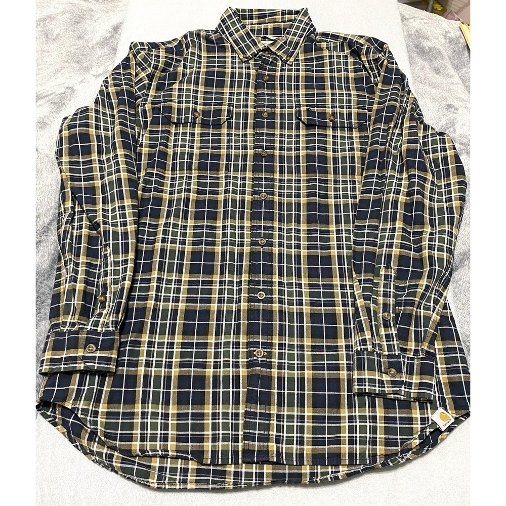 Carhartt Men's Plaid Dress Shirt XXL‎ Tall Relaxed fit Blue/Green 100% Cotton